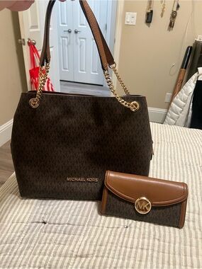 Michael Kors Brown Monogram Tote with Tan Trim and Gold Hardware